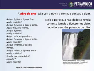 A obra de arte dá a ver, a ouvir, a sentir, a pensar, a dizer.
Nela e por ela, a realidade se revela
como se jamais a tivéssemos visto,
ouvido, sentido, pensado ou dito.
A água é falsa, a água é boa.
Nada, nadador!
A água é mansa, a água é doida,
Aqui é fria, ali é morna,
A água é fêmea.
Nada, nadador!
A água sobe, a água desce,
A água é mansa, a água é doida.
Nada, nadador!
A água te lambe, a água te
abraça,
A água te leva, a água te mata.
Nada, nadador!
Se não, que restará de ti,
nadador?
Nada, nadador.
Jorge de Lima, Poema do nadador
Imagem: Angeloleithold 2005 / Foz do
Iguaçu, Cataratas do Iguaçú, Paraná Brasil /
GNU Free Documentation License
 