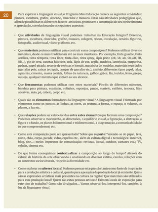 20

	 Para explorar a linguagem visual, o Programa Mais Educação oferece as seguintes atividades:
pintura, escultura, grafite, desenho, cineclube e mosaico. Estas são atividades pedagógicas que,
além de possibilitar os diferentes fazeres-artísticos, promovem a construção do seu conhecimento
e apreciação, correlacionando os seguintes aspectos:
▪	 Que atividades da linguagem visual podemos trabalhar na Educação Integral? Desenho,
pintura, escultura, cineclube, grafite, mosaico, colagem, relevo, instalação, cenário, figurino,
fotografia, audiovisual, vídeo-grafismo, etc.
▪	 Que materiais podemos utilizar para construir essas composições? Podemos utilizar diversos
materiais, desde os mais tradicionais até os mais inusitados. Por exemplo, tinta guache, tinta
acrílica, tinta têmpera, tinta látex, tinta óleo, tinta spray, lápis preto (2B, 3B, 4B, 5B, 6B, 7B,
8B...), giz de cera, canetas hidrocor, cola, lápis de cor, argila, madeira, lantejoula, purpurina,
pedras, papel picado, recorte de revistas e jornais, massinha de modelar, materiais reciclados
(garrafas pets, caixas tetrapak, tampas de garrafas etc.), azulejo, diferentes tipos papel, telas,
aguarrás, cimento, massa corrida, folhas da natureza, galhos, grãos, lãs, tecidos, ferro, prego,
ou seja, qualquer material que estiver ao seu alcance.
▪	 Que ferramentas podemos utilizar com estes materiais? Pincéis de diferentes números,
bandeja para pintura, espátulas, rolinhos, esponjas, panos, martelo, estilete, tesoura, fitas
adesivas, mão, pé, cabelo, corpo etc.
▪	 Quais são os elementos formadores da linguagem visual? A linguagem visual é formada por
elementos como os pontos, as linhas, as cores, as textura, a forma, o espaço, o volume, os
planos, a luz etc.
▪	 Que relações podem ser estabelecidas entre estes elementos que formam uma composição?
Podemos observar o movimento, as dimensões, o equilíbrio visual, a figuração, a abstração, a
figura e o fundo, os planos bidimensional e tridimensional, a diagramação, a comunicabilidade
(o que compreendemos) etc.
▪	 Como esta composição pode ser apresentada? Sobre que suporte? Valendo-se do papel, tela,
rosto, chão, corpo, parede, vidro, espelho etc., além da cultura digital e tecnológica: internet,
blog, site...; meios impressos de comunicação: revistas, jornal, outdoor, cartazes etc.; TV,
celular, cinema etc.
▪	 De que forma conseguimos contextualizar a composição ao longo do tempo? Através do
estudo da história da arte observando e analisando os diversos estilos, escolas, relações com
os contextos socioculturais, respeito à diversidade etc.
▪	 Como explorar os saberes locais? Podemos pensar esta questão tanto como fonte de inspiração
para a produção artística e cultural, quanto para a pesquisa da produção local já existente. Quais
são as expressões artísticas mais presentes na cultura da região? Que materiais são utilizados
para esta produção local? Quem são estas pessoas artistas? Existem locais de exposição para
este tipo de trabalho? Como são divulgados... Vamos observá-los, interpretá-los, também, à
luz da linguagem visual.

 