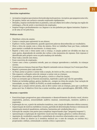 Caminhos possíveis
Exercícios respiratórios:
▪ 	 Ao inspirar, imaginar que estamos cheirando algo muito gostoso. Ao expirar, que apagamos uma vela;
▪ 	 De quatro, imitar um cachorro cansado respirando rapidamente;
▪ 	 Deitados, respirar enchendo bem os pulmões, com um objeto leve sobre a barriga (na região do
estômago), a fim de sentir o movimento da respiração;
▪ 	 Inspirar longa e profundamente o ar. Segurar o ar nos pulmões por alguns instantes. Expirar o
ar de uma só vez pela boca.
Práticas vocais:
▪	
▪	
▪	
▪	
▪	

▪	
▪	
▪	
▪	
▪	
▪	
▪	
▪	
▪	
▪	
▪	

Distribuir a letra da canção;
Cantar a canção para apresentá-la aos alunos;
Explicar o texto, especialmente, quando aparecem palavras desconhecidas ao vocabulário;
Dizer a letra da canção com o ritmo da música. Deve-se trabalhar frase por frase, cuidando
para manter a unidade de movimento. A criança ouve;
Repetir a letra com o ritmo junto com a criança. A canção poderá ser dividida em duas ou
mais partes, dependendo do sentido dos verbos e dos momentos de repouso. Este repouso é
identificado pelo próprio verso ou pela mudança de melodia;
Dizer toda a estrofe com ritmo;
Fazer exercícios de respiração;
Cantar com a letra a primeira estrofe, para as crianças aprenderem a melodia. As crianças
ouvem;
Cantar para as crianças, frase por frase. Repetir cantando com as crianças 2 ou 3 vezes para fixar.
Repetir o processo para cada estrofe;
Ao final, juntar as partes e cantar toda a canção, do início ao fim, com as crianças;
Não esquecer a afinação antes de começar a cantar com as crianças;
O professor deve indicar, através de gestos, o início e o final da canção;
Fazer as correções que se fizerem necessárias, repetindo a parte que não foi aprendida;
Podem ser incluídas palmas, gestos, batidas etc., sempre no ritmo da canção. Usar variação de
intensidade, ou seja, FORTE ou PIANO, ou ainda mudando o andamento;
Depois que a canção estiver pronta, não se deve cantar com as crianças, para que o professor
possa ouvi-las. O objetivo é levá-las a cantar sozinhas, após a aprendizagem. (BECKER, 1989).

Recursos e repertório
▪	 Exercícios/jogos progressivos para relaxamento e desenvolvimento da técnica vocal, técnica
respiratória, postura, sensorialidade auditiva musical, concentração, memória auditiva e
expressão;
▪	 Exploração da voz, a partir de estímulos temáticos, com criação de diferentes efeitos sonoros;
▪	 Improvisação de motivos melódicos (vocais), partindo de determinadas formas e estruturas de
organização musical (quadratura, ostinatos, harmonias pré-estabelecidas etc.);
▪	 Execução de canções com partes para completar improvisando (tipo “pergunta/resposta”);
▪	 Apresentação e exploração de repertório vocal/coral de origens, gêneros e estilos diversos;
▪	 Aquisição de vocabulário específico e assimilação de conceitos relacionados com o canto;
▪	 Assistir a filme (s) alusivo (s) à temática musical (ex: o som do coração, os coristas etc.)
propiciando o debate, estimulando o sentido critico e apreciativo;

31

 