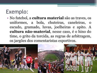 Exemplo:
• No futebol, a cultura material são as traves, os
  uniformes, a bola, chuteiras, caneleiras, o
  escudo, gramado, luvas, joelheiras e apito. A
  cultura não-material, nesse caso, é o hino do
  time, o grito da torcida, as regras de arbitragem,
  os jargões dos comentaristas esportivos.
 