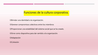 Funciones de la cultura corporativa.
Brindar una identidad a la organización.
Generar compromisos colectivos entre los miembros
Proporcionar una estabilidad del sistema social que se ha creado.
Sirve como diapositiva para dar sentido a la organización.
Adaptación
Cohesión
 