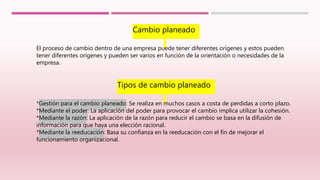 Cambio planeado
El proceso de cambio dentro de una empresa puede tener diferentes orígenes y estos pueden
tener diferentes orígenes y pueden ser varios en función de la orientación o necesidades de la
empresa.
Tipos de cambio planeado
*Gestión para el cambio planeado: Se realiza en muchos casos a costa de perdidas a corto plazo.
*Mediante el poder: La aplicación del poder para provocar el cambio implica utilizar la cohesión.
*Mediante la razón: La aplicación de la razón para reducir el cambio se basa en la difusión de
información para que haya una elección racional.
*Mediante la reeducación: Basa su confianza en la reeducación con el fin de mejorar el
funcionamiento organizacional.
 