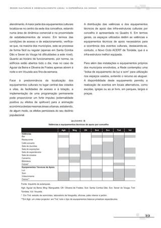 redes culturais e desenvolvimento local: a experiência da comum




atendimento. A maior parte dos equipamentos culturais                          A distribuição das valências e dos equipamentos
localiza-se no centro da sede dos concelhos, estando                           técnicos de apoio das infra-estruturas culturais por
numa área de dinâmica comercial e na proximidade                               concelho é apresentada no Quadro 6. Em termos
de estabelecimentos de ensino. Em termos das                                   gerais, os espaços utilizados detêm as valências e
condições de acesso e de estacionamento, verifica-                             equipamentos técnicos de apoio necessários para
se que, na maioria dos municípios, este se processa                            a ocorrência dos eventos culturais, destacando-se,
de forma fácil ou regular (apenas em Santa Comba                               contudo, o Novo Ciclo ACERT de Tondela, que é a
Dão e Sever do Vouga há dificuldades a este nível).                            infra-estrutura melhor equipada.
Quanto ao horário de funcionamento, por norma, os
edifícios estão abertos todo o dia, mas no caso de                             Para além das instalações e equipamentos próprios
Aguiar da Beira e Oliveira de Frades apenas abrem à                            dos municípios envolvidos, a Rede contemplou uma
noite e em Vouzela aos fins-de-semana.                                         “bolsa de equipamento de luz e som” para utilização
                                                                               nos espaços usados, evitando o recurso ao aluguer.
Face    à     predominância           da      localização      dos             A disponibilidade deste equipamento permitiu a
equipamentos culturais no lugar central das cidades                            realização de eventos em locais alternativos, como
e vilas, às facilidades de acesso e à lotação, a                               escolas, igrejas ou ao ar livre, em parques, largos e
implementação de uma programação permanente                                    praças.
pode proporcionar um forte impulso (externalidade
positiva ou efeitos de spillover) para a animação
económica destas mesmas áreas urbanas, esbatendo,
de algum modo, os efeitos perniciosos do seu declínio
populacional.

                                                                  quadro 6
                                           Valências e equipamentos técnicos de apoio por concelho




            Fonte: Inquérito às autarquias.
            Agb: Aguiar da Beira; Mng: Mangualde; Ofr: Oliveira de Frades; Scd: Santa Comba Dão; Svv: Sever do Vouga; Tnd:
            Tondela, Vzl: Vouzela.
            * Em Tnd: estúdio de som/vídeo, laboratório de fotografia, oficinas, pátio interior e jardim.
            **Em Agb: um vídeo projector; em Tnd: todo o tipo de equipamentos básicos p/realizar espectáculos.




                                                                                                                                  33
 