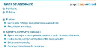 TIPOS DE FEEDBACK
֍ Individual;
֍ Coletivo.
֍ Positivo:
 Serve para reforçar comportamentos assertivos;
 Reconhecer e motivar.
֍ Corretivo, construtivo (negativo):
 Apoiar com que a outra pessoa perceba a ação ou comportamento;
 Redirecionar, corrigir comportamentos ou resultados;
 Evitar a reincidência;
 Gerar compromissos de mudança.
 