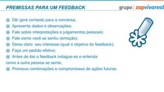 PREMISSAS PARA UM FEEDBACK
֍ Dê/ gere contexto para a conversa;
֍ Apresente dados e observações;
֍ Fale sobre interpretações e julgamentos pessoais;
֍ Fale como você se sentiu (emoção);
֍ Deixe claro seu interesse (qual o objetivo do feedback);
֍ Faça um pedido efetivo;
֍ Antes de dar o feedback indague-se e entenda
como a outra pessoa se sente;
֍ Promova combinações e compromissos de ações futuras.
 