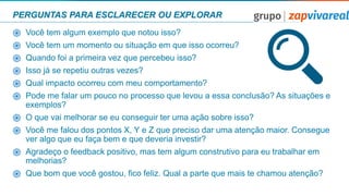 PERGUNTAS PARA ESCLARECER OU EXPLORAR
֎ Você tem algum exemplo que notou isso?
֎ Você tem um momento ou situação em que isso ocorreu?
֎ Quando foi a primeira vez que percebeu isso?
֎ Isso já se repetiu outras vezes?
֎ Qual impacto ocorreu com meu comportamento?
֎ Pode me falar um pouco no processo que levou a essa conclusão? As situações e
exemplos?
֎ O que vai melhorar se eu conseguir ter uma ação sobre isso?
֎ Você me falou dos pontos X, Y e Z que preciso dar uma atenção maior. Consegue
ver algo que eu faça bem e que deveria investir?
֎ Agradeço o feedback positivo, mas tem algum construtivo para eu trabalhar em
melhorias?
֎ Que bom que você gostou, ﬁco feliz. Qual a parte que mais te chamou atenção?
 