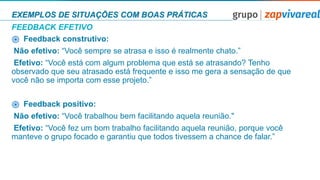 EXEMPLOS DE SITUAÇÕES COM BOAS PRÁTICAS
FEEDBACK EFETIVO
֎ Feedback construtivo:
Não efetivo: “Você sempre se atrasa e isso é realmente chato.”
Efetivo: “Você está com algum problema que está se atrasando? Tenho
observado que seu atrasado está frequente e isso me gera a sensação de que
você não se importa com esse projeto.”
֎ Feedback positivo:
Não efetivo: “Você trabalhou bem facilitando aquela reunião."
Efetivo: “Você fez um bom trabalho facilitando aquela reunião, porque você
manteve o grupo focado e garantiu que todos tivessem a chance de falar.”
 