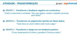 ATIVIDADE - TRANSFORMAÇÃO
֎ GRUPO 1 - Transforme o feedback negativo em construtivo:
“Você é muito lento e enrolado. Tem que agilizar, senão o trabalho acumula
para todos.”
֎ GRUPO 2 – Transforme um julgamento/ opinião em fatos/ dados:
“Você deve se vestir melhor está muito vulgar.”
֎ GRUPO 3 - Transforme o elogio em um feedback positivo:
“O seu desempenho foi ótimo, parabéns! Continue assim.”
 