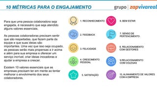 10 MÉTRICAS PARA O ENGAJAMENTO
1. RECONHECIMENTO
2. FEEDBACK
3. FELICIDADE
4. CRESCIMENTO
PESSOAL
5. SATISFAÇÃO
6. BEM ESTAR
7. SENSO DE
PERTENCIMENTO
8. RELACIONAMENTO
COM GESTORES
9.RELACIONAMENTO
COM COLEGAS
10. ALINHAMENTO DE VALORES
COM A EMPRESA
Para que uma pessoa colaboradora seja
engajada, é necessário que seja atendido
alguns valores essenciais.
As pessoas colaboradoras precisam sentir
que são respeitadas, que fazem parte da
equipe e que suas ideias são
importantes. Uma vez que isso seja ocupado,
as pessoas serão mais propensas a ir acima
e além para sua empresa e oferecer um
serviço incrível, criar ideias inovadoras e
ajudar a empresa a crescer.
Existem 10 valores essenciais que as
empresas precisam ter em mente ao tentar
melhorar o envolvimento dos seus
colaboradores.
 