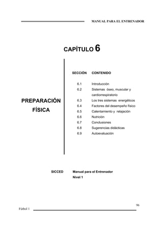 MANUAL PARA EL ENTRENADOR
96
Fútbol 1
CAPÍTULO 6
PREPARACIÓN
FÍSICA
SECCIÓN
6.1
6.2
6.3
6.4
6.5
6.6
6.7
6.8
6.9
CONTENIDO
Introducción
Sistemas óseo, muscular y
cardiorrespiratorio
Los tres sistemas energéticos
Factores del desempeño físico
Calentamiento y relajación
Nutrición
Conclusiones
Sugerencias didácticas
Autoevaluación
SICCED Manual para el Entrenador
Nivel 1
 