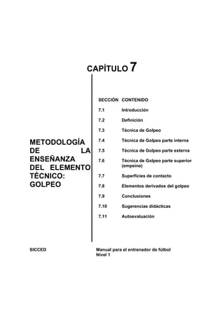 CAPÍTULO 7
METODOLOGÍA
DE LA
ENSEÑANZA
DEL ELEMENTO
TÉCNICO:
GOLPEO
SECCIÓN
7.1
7.2
7.3
7.4
7.5
7.6
7.7
7.8
7.9
7.10
7.11
CONTENIDO
Introducción
Definición
Técnica de Golpeo
Técnica de Golpeo parte interna
Técnica de Golpeo parte externa
Técnica de Golpeo parte superior
(empeine)
Superficies de contacto
Elementos derivados del golpeo
Conclusiones
Sugerencias didácticas
Autoevaluación
SICCED Manual para el entrenador de fútbol
Nivel 1
 