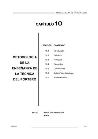 MANUAL PARA EL ENTRENADOR
Fútbol 1 177
CAPÍTULO 1O
METODOLOGÍA
DE LA
ENSEÑANZA DE
LA TÉCNICA
DEL PORTERO
SECCIÓN
10.1
10.2
10.3
10.4
10.5
10.6
10.7
CONTENIDO
Introducción
Definición
Principios
Elementos
Conclusiones
Sugerencias didácticas
Autoevaluación
SICCED Manual para el Entrenador
Nivel 1
 
