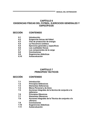 MANUAL DEL ENTRENADOR
CAPÍTULO 6
EXIGENCIAS FÍSICAS DEL FÚTBOL; EJERCICIOS GENERALES Y
ESPECÍFICOS
SECCIÓN CONTENIDO
6.1 Introducción
6.2 Exigencias físicas del fútbol
6.3 Vías de producción de energía
6.4 La frecuencia cardiaca
6.5 Ejercicios generales y específicos
6.6 Las cualidades físicas
6.7 Los componentes de la carga
6.8 Conclusiones
6.9 Sugerencias didácticas
6.10 Autoevaluación
CAPÍTULO 7
PRINCIPIOS TÁCTICOS
SECCIÓN CONTENIDO
7.1 Introducción
7.2 Principios Defensivos
7.3 Elementos Defensivos
7.4 Marca Personal y de Zona
7.5 Acciones Integrales de la técnica de conjunto a la
defensiva
7.6 Principios Ofensivos
7.7 Elementos Ofensivos
7.8 Acciones Integrales de la Técnica de conjunto a la
ofensiva
7.9 Conclusiones
7.10 Sugerencias didácticas
7.11 Autoevaluación
 