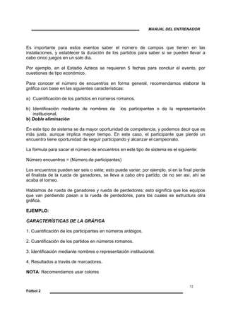 MANUAL DEL ENTRENADOR
72
Fútbol 2
Es importante para estos eventos saber el número de campos que tienen en las
instalaciones, y establecer la duración de los partidos para saber si se pueden llevar a
cabo cinco juegos en un solo día.
Por ejemplo, en el Estadio Azteca se requieren 5 fechas para concluir el evento, por
cuestiones de tipo económico.
Para conocer el número de encuentros en forma general, recomendamos elaborar la
gráfica con base en las siguientes características:
a) Cuantificación de los partidos en números romanos.
b) Identificación mediante de nombres de los participantes o de la representación
institucional.
b) Doble eliminación
En este tipo de sistema se da mayor oportunidad de competencia, y podemos decir que es
más justo, aunque implica mayor tiempo. En este caso, el participante que pierde un
encuentro tiene oportunidad de seguir participando y alcanzar el campeonato.
La fórmula para sacar el número de encuentros en este tipo de sistema es el siguiente:
Número encuentros = (Número de participantes)
Los encuentros pueden ser seis o siete; esto puede variar; por ejemplo, si en la final pierde
el finalista de la rueda de ganadores, se lleva a cabo otro partido; de no ser así, ahí se
acaba el torneo.
Hablamos de rueda de ganadores y rueda de perdedores; esto significa que los equipos
que van perdiendo pasan a la rueda de perdedores, para los cuales se estructura otra
gráfica.
EJEMPLO:
CARACTERÍSTICAS DE LA GRÁFICA
1. Cuantificación de los participantes en números arábigos.
2. Cuantificación de los partidos en números romanos.
3. Identificación mediante nombres o representación institucional.
4. Resultados a través de marcadores.
NOTA: Recomendamos usar colores
 