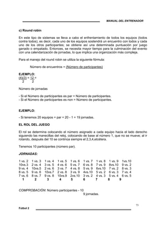 MANUAL DEL ENTRENADOR
73
Fútbol 2
c) Round robin
En este tipo de sistemas se lleva a cabo el enfrentamiento de todos los equipos (todos
contra todos), es decir, cada uno de los equipos sostendrá un encuentro con todos y cada
uno de los otros participantes; se obtiene así una determinada puntuación por juego
ganado o empatado. Entonces, se necesita mayor tiempo para la culminación del evento
con una calendarización de jornadas, lo que implica una organización más compleja.
Para el manejo del round robin se utiliza la siguiente fórmula:
Número de encuentros = (Número de participantes)
EJEMPLO:
(4)(3) = 12 =
2 2
Número de jornadas
- Si el Número de participantes es par = Número de participantes.
- Si el Número de participantes es non = Número de participantes.
EJEMPLO:
- Si tenemos 20 equipos = par = 20 - 1 = 19 jornadas.
EL ROL DEL JUEGO
El rol se determina colocando el número asignado a cada equipo hacia el lado derecho
siguiendo las manecillas del reloj, colocando de base al número 1, que no se mueve; al ir
rotando, después del 10 se continúa siempre el 2,3,4,etcétera.
Tenemos 10 participantes (número par).
JORNADAS:
1 vs. 2 1 vs. 3 1 vs. 4 1 vs. 5 1 vs. 6 1 vs. 7 1 vs. 8 1 vs. 9 1vs.10
10vs.3 2 vs. 4 3 vs. 5 4 vs. 6 5 vs. 7 6 vs. 8 7 vs. 9 8vs.10 9 vs. 2
9 vs. 4 10vs.5 2 vs. 6 3 vs. 7 4 vs. 8 5 vs. 9 6vs.10 7 vs. 2 8 vs. 3
8 vs. 5 9 vs. 6 10vs.7 2 vs. 8 3 vs. 9 4vs.10 5 vs. 2 6 vs. 3 7 vs. 4
7 vs. 6 8 vs. 7 9 vs. 8 10vs.9 2vs.10 3 vs. 2 4 vs. 3 5 vs. 4 6 vs. 5
1 2 3 4 5 6 7 8 9
COMPROBACIÓN: Número participantes - 10
9 jornadas.
 