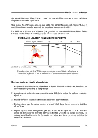 MANUAL DEL ENTRENADOR
Fútbol 2 100
son conocidas como hipertónicas; o bien, las muy diluidas como es el caso del agua
simple esta última es hipotónica.
Una bebida hipertónica es aquella que está más concentrada que el medio interno, y
una hipotónica es aquella que está por debajo de esta concentración.
Las bebidas isotónicas son aquellas que guardan las mismas concentraciones. Estas
bebidas son las más adecuadas para los procesos de rehidratación.
PÉRDIDA DE LÍQUIDO Y RENDIMIENTO DEPORTIVO
Pérdida de peso corporal -1% - 2% - 3% -4%
Pérdida de la capacidad física 100% -10% -20% -30% -40%
Si un deportista pierde el 2% de su peso total por sus actividades, disminuye su
rendimiento deportivo en un 20% lo que en el alto rendimiento significa mucho.
Recomendaciones para la rehidratación:
1. Es preciso acostumbrar al organismo a ingerir líquidos durante las sesiones de
entrenamiento y durante la competición.
2. Asegúrese de estar siempre completamente hidratado antes de realizar cualquier
ejercicio.
3. Nunca comience la actividad física en estado de deshidratación.
4. Es importante que la noche anterior a la actividad deportiva no consuma bebidas
alcohólicas.
5. Ingiera líquido antes del ejercicio (de 250 a 500 ml de agua, de 20 a 40 minutos
antes de comenzar la actividad correspondiente). Cuando se realiza ejercicio, se
reduce considerablemente la formación de orina, por tanto es poco probable la
necesidad de orinar.
 