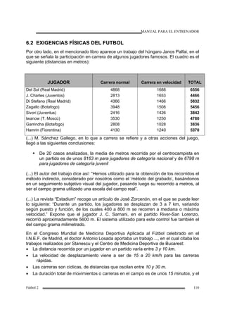 MANUAL PARA EL ENTRENADOR
Fútbol 2 110
6.2 EXIGENCIAS FÍSICAS DEL FUTBOL
Por otro lado, en el mencionado libro aparece un trabajo del húngaro Janos Palfai, en el
que se señala la participación en carrera de algunos jugadores famosos. El cuadro es el
siguiente (distancias en metros):
JUGADOR Carrera normal Carrera en velocidad TOTAL
Del Sol (Real Madrid)
J. Charles (Juventos)
Di Stefano (Real Madrid)
Zagallo (Botafogo)
Sivori (Juventus)
lwanow (T. Moscú)
Garrincha (Botafogo)
Hamrin (Fiorentina)
4868
2813
4366
3948
2416
3530
2808
4130
1688
1653
1466
1508
1426
1250
1028
1240
6556
4466
5832
5456
3842
4780
3836
5370
(...) M. Sánchez Gallego, en lo que a carrera se refiere y a otras acciones del juego,
llegó a las siguientes conclusiones:
De 20 casos analizados, la media de metros recorrida por el centrocampista en
un partido es de unos 8163 m para jugadores de categoría nacional y de 6798 m
para jugadores de categoría juvenil
(...) El autor del trabajo dice así: “Hemos utilizado para la obtención de los recorridos el
método indirecto, considerado por nosotros como el ‘método del grabado’, basándonos
en un seguimiento subjetivo visual del jugador, pasando luego su recorrido a metros, al
ser el campo grama utilizado una escala del campo real”.
(...) La revista “Estadium” recoge un articulo de José Zorcenón, en el que se puede leer
lo siguiente: “Durante un partido, los jugadores se desplazan de 3 a 7 km, variando
según puesto y función, de los cuales 400 a 800 m se recorren a mediana o máxima
velocidad.” Expone que el jugador J. C. Sarnani, en el partido River-San Lorenzo,
recorrió aproximadamente 5600 m. El sistema utilizado para este control fue también el
del campo grama milimetrado.
En el Congreso Mundial de Medicina Deportiva Aplicada al Fútbol celebrado en el
I.N.E.F. de Madrid, el doctor Antonio Losada aportaba un trabajo ..., en el cual citaba los
trabajos realizados por Stanescu y el Centro de Medicina Deportiva de Bucarest:
• La distancia recorrida por un jugador en un partido varía entre 3 y 10 km.
• La velocidad de desplazamiento viene a ser de 15 a 20 km/h para las carreras
rápidas.
• Las carreras son cíclicas, de distancias que oscilan entre 10 y 30 m.
• La duración total de movimientos o carreras en el campo es de unos 15 minutos, y el
 