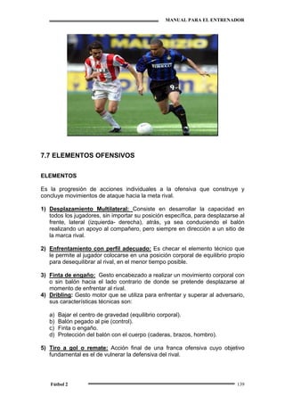 MANUAL PARA EL ENTRENADOR
Fútbol 2 139
7.7 ELEMENTOS OFENSIVOS
ELEMENTOS
Es la progresión de acciones individuales a la ofensiva que construye y
concluye movimientos de ataque hacia la meta rival.
1) Desplazamiento Multilateral: Consiste en desarrollar la capacidad en
todos los jugadores, sin importar su posición específica, para desplazarse al
frente, lateral (izquierda- derecha), atrás, ya sea conduciendo el balón
realizando un apoyo al compañero, pero siempre en dirección a un sitio de
la marca rival.
2) Enfrentamiento con perfil adecuado: Es checar el elemento técnico que
le permite al jugador colocarse en una posición corporal de equilibrio propio
para desequilibrar al rival, en el menor tiempo posible.
3) Finta de engaño: Gesto encabezado a realizar un movimiento corporal con
o sin balón hacia el lado contrario de donde se pretende desplazarse al
momento de enfrentar al rival.
4) Dribling: Gesto motor que se utiliza para enfrentar y superar al adversario,
sus características técnicas son:
a) Bajar el centro de gravedad (equilibrio corporal).
b) Balón pegado al pie (control).
c) Finta o engaño.
d) Protección del balón con el cuerpo (caderas, brazos, hombro).
5) Tiro a gol o remate: Acción final de una franca ofensiva cuyo objetivo
fundamental es el de vulnerar la defensiva del rival.
 