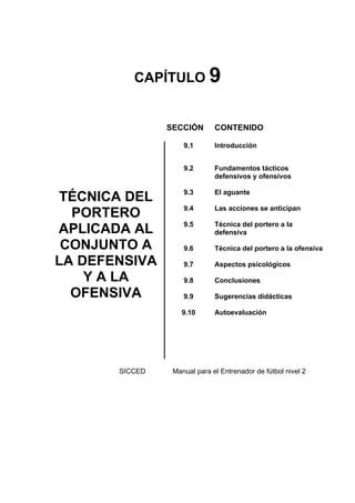 CAPÍTULO 9
SECCIÓN CONTENIDO
9.1 Introducción
9.2 Fundamentos tácticos
defensivos y ofensivos
TÉCNICA DEL
PORTERO
APLICADA AL
CONJUNTO A
LA DEFENSIVA
Y A LA
OFENSIVA
9.3
9.4
9.5
9.6
9.7
9.8
9.9
9.10
El aguante
Las acciones se anticipan
Técnica del portero a la
defensiva
Técnica del portero a la ofensiva
Aspectos psicológicos
Conclusiones
Sugerencias didácticas
Autoevaluación
SICCED Manual para el Entrenador de fútbol nivel 2
 