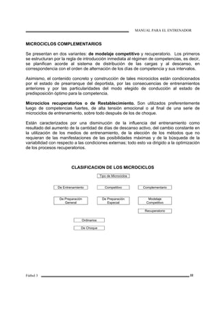 MANUAL PARA EL ENTRENADOR
Fútbol 3 22
MICROCICLOS COMPLEMENTARIOS
Se presentan en dos variantes: de modelaje competitivo y recuperatorio. Los primeros
se estructuran por la regla de introducción inmediata al régimen de competencias, es decir,
se planifican acorde al sistema de distribución de las cargas y al descanso, en
correspondencia con el orden de alternación de los días de competencia y sus intervalos.
Asimismo, el contenido concreto y construcción de tales microciclos están condicionados
por el estado de prearranque del deportista, por las consecuencias de entrenamientos
anteriores y por las particularidades del modo elegido de conducción al estado de
predisposición óptimo para la competencia.
Microciclos recuperatorios o de Restablecimiento. Son utilizados preferentemente
luego de competencias fuertes, de alta tensión emocional o al final de una serie de
microciclos de entrenamiento, sobre todo después de los de choque.
Están caracterizados por una disminución de la influencia del entrenamiento como
resultado del aumento de la cantidad de días de descanso activo, del cambio constante en
la utilización de los medios de entrenamiento, de la elección de los métodos que no
requieran de las manifestaciones de las posibilidades máximas y de la búsqueda de la
variabilidad con respecto a las condiciones externas; todo esto va dirigido a la optimización
de los procesos recuperatorios.
CLASIFICACION DE LOS MICROCICLOS
Tipo de Microciclos
De Entrenamiento Competitivo Complementario
De Preparación
General
De Preparación
Especial
Modelaje
Competitivo
Recuperatorio
Ordinarios
De Choque
 