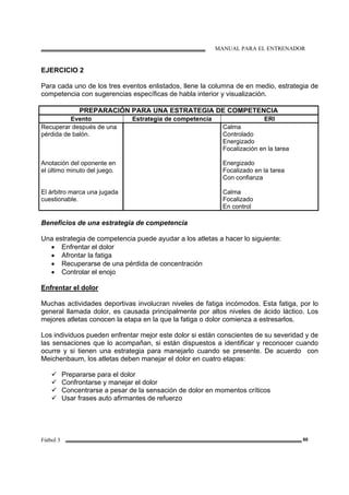 MANUAL PARA EL ENTRENADOR
Fútbol 3 60
EJERCICIO 2
Para cada uno de los tres eventos enlistados, llene la columna de en medio, estrategia de
competencia con sugerencias específicas de habla interior y visualización.
PREPARACIÓN PARA UNA ESTRATEGIA DE COMPETENCIA
Evento Estrategia de competencia ERI
Recuperar después de una
pérdida de balón.
Calma
Controlado
Energizado
Focalización en la tarea
Anotación del oponente en
el último minuto del juego.
Energizado
Focalizado en la tarea
Con confianza
El árbitro marca una jugada
cuestionable.
Calma
Focalizado
En control
Beneficios de una estrategia de competencia
Una estrategia de competencia puede ayudar a los atletas a hacer lo siguiente:
• Enfrentar el dolor
• Afrontar la fatiga
• Recuperarse de una pérdida de concentración
• Controlar el enojo
Enfrentar el dolor
Muchas actividades deportivas involucran niveles de fatiga incómodos. Esta fatiga, por lo
general llamada dolor, es causada principalmente por altos niveles de ácido láctico. Los
mejores atletas conocen la etapa en la que la fatiga o dolor comienza a estresarlos.
Los individuos pueden enfrentar mejor este dolor si están conscientes de su severidad y de
las sensaciones que lo acompañan, si están dispuestos a identificar y reconocer cuando
ocurre y si tienen una estrategia para manejarlo cuando se presente. De acuerdo con
Meichenbaum, los atletas deben manejar el dolor en cuatro etapas:
Prepararse para el dolor
Confrontarse y manejar el dolor
Concentrarse a pesar de la sensación de dolor en momentos críticos
Usar frases auto afirmantes de refuerzo
 