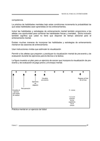 MANUAL PARA EL ENTRENADOR
Fútbol 3 67
competencia.
La práctica de habilidades mentales bajo estas condiciones incrementa la probabilidad de
que estas habilidades sean aprendidas en los entrenamientos.
Incluir las habilidades y estrategias de entrenamiento mental también proporciona a los
atletas una oportunidad para combinar las habilidades físicas y mentales. Dicha inclusión
también significa que usted no tiene que disponer de tiempo adicional para el
entrenamiento mental.
Existen muchas maneras de incorporar las habilidades y estrategias de entrenamiento
mental en las sesiones de entrenamiento:
Usar instrucciones vívidas que estimulen la visualización
Permitir a los atletas que preparen y practiquen la visualización mental de pre-evento y de
evaluación durante los ejercicios para la técnica o la táctica.
La figura muestra un plan para un ejercicio de soccer que incorpora la visualización de pre-
evento y de evaluación el juego previo y el ensayo mental.
4 3 2 1 0 0 0 5
Visualiza
pre-evento
Regreso al final
de la línea
Ejercicios
de
relajación
Recuperación
Visualiza el
ejercicio
que acaba
de realizar
0 - conos
1,2,3,4,5-
posición
de los
jugadores
en el
campo
Práctica mental en un ejercicio de futbol
 