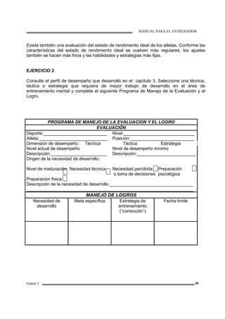 MANUAL PARA EL ENTRENADOR
Fútbol 3 69
Existe también una evaluación del estado de rendimiento ideal de los atletas. Conforme las
características del estado de rendimiento ideal se vuelven más regulares, los ajustes
también se hacen más finos y las habilidades y estrategias más fijas.
EJERCICIO 3
Consulte el perfil de desempeño que desarrolló en el capítulo 3. Seleccione una técnica,
táctica o estrategia que requiera de mayor trabajo de desarrollo en el área de
entrenamiento mental y complete el siguiente Programa de Manejo de la Evaluación y el
Logro.
PROGRAMA DE MANEJO DE LA EVALUACION Y EL LOGRO
EVALUACIÓN
Deporte:__________________________ Nivel:_____________________________
Atleta:____________________________ Posición:__________________________
Dimensión de desempeño : Técnica Táctica Estrategia
Nivel actual de desempeño Nivel de desempeño mínimo
Descripción:_______________________ Descripción:________________________
Origen de la necesidad de desarrollo:
Nivel de maduración Necesidad técnica Necesidad percibida
o toma de decisiones
Preparación
psicológica
Preparación física
Descripción de la necesidad de desarrollo __________________________________
____________________________________________________________________
MANEJO DE LOGROS
Necesidad de
desarrollo
Meta específica Estrategia de
entrenamiento
(“corrección”)
Fecha límite
 