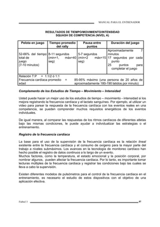 MANUAL PARA EL ENTRENADOR
Fútbol 3 87
RESULTADOS DE TIEMPO/MOVIMIENTO/INTENSIDAD
SQUASH DE COMPETENCIA (NIVEL A)
Pelota en juego Tiempo promedio
del rally
Pausa entre
puntos
Duración del juego
52-66% del tiempo
total de
juego
(7-10 minutos)
8-11 segundos
(min=1, máx=40
seg)
5-7 segundos
(mín=2 máx=15
seg)
Aproximadamente 7
minutos
17 segundos por cada
punto
25 puntos para
completar el juego
Relación T:P = 1:1/2 ó 1:1
Frecuencia cardíaca promedio = 85-95% máximo (una persona de 20 años de
edad aproximadamente 180-190 latidos por minuto)
Complemento de los Estudios de Tiempo – Movimiento – Intensidad
Usted puede hacer un mejor uso de los estudios de tiempo – movimiento - intensidad si los
mejora registrando la frecuencia cardíaca y el lactato sanguíneo. Por ejemplo, al utilizar un
video para parear la respuesta de la frecuencia cardíaca con los eventos reales en una
competencia, se pueden comprender muchos requisitos energéticos de los eventos
individuales.
De igual manera, al comparar las respuestas de los ritmos cardíacos de diferentes atletas
bajo las mismas condiciones, le puede ayudar a individualizar las estrategias o el
entrenamiento.
Registro de la frecuencia cardíaca
La base para el uso de la supervisión de la frecuencia cardíaca es la relación lineal
existente entre la frecuencia cardíaca y el consumo de oxígeno para la mayor parte del
trabajo a niveles submáximos. Los avances en la tecnología de monitoreo cardíaco han
hecho posible el registro de datos continuos a lo largo de un evento.
Muchos factores, como la temperatura, el estado emocional y la posición corporal, por
nombrar algunos, pueden afectar la frecuencia cardiaca. Por lo tanto, es importante tomar
lecturas múltiples de la frecuencia cardiaca y registrar las condiciones bajo las cuales se
lleva a cabo la supervisión.
Existen diferentes modelos de pulsómetros para el control de la frecuencia cardiaca en el
entrenamiento, es necesario el estudio de estos dispositivos con el objetivo de una
aplicación efectiva.
 