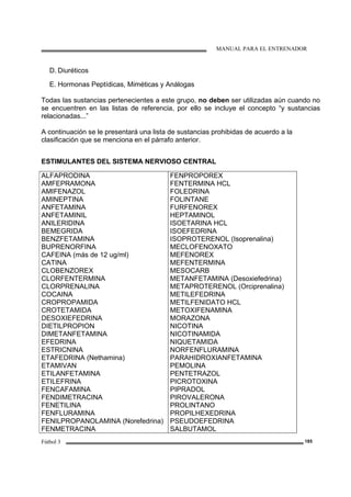 MANUAL PARA EL ENTRENADOR
Fútbol 3 185
D. Diuréticos
E. Hormonas Peptídicas, Miméticas y Análogas
Todas las sustancias pertenecientes a este grupo, no deben ser utilizadas aún cuando no
se encuentren en las listas de referencia, por ello se incluye el concepto “y sustancias
relacionadas...”
A continuación se le presentará una lista de sustancias prohibidas de acuerdo a la
clasificación que se menciona en el párrafo anterior.
ESTIMULANTES DEL SISTEMA NERVIOSO CENTRAL
ALFAPRODINA
AMFEPRAMONA
AMIFENAZOL
AMINEPTINA
ANFETAMINA
ANFETAMINIL
ANILERIDINA
BEMEGRIDA
BENZFETAMINA
BUPRENORFINA
CAFEINA (más de 12 ug/ml)
CATINA
CLOBENZOREX
CLORFENTERMINA
CLORPRENALINA
COCAINA
CROPROPAMIDA
CROTETAMIDA
DESOXIEFEDRINA
DIETILPROPION
DIMETANFETAMINA
EFEDRINA
ESTRICNINA
ETAFEDRINA (Nethamina)
ETAMIVAN
ETILANFETAMINA
ETILEFRINA
FENCAFAMINA
FENDIMETRACINA
FENETILINA
FENFLURAMINA
FENILPROPANOLAMINA (Norefedrina)
FENMETRACINA
FENPROPOREX
FENTERMINA HCL
FOLEDRINA
FOLINTANE
FURFENOREX
HEPTAMINOL
ISOETARINA HCL
ISOEFEDRINA
ISOPROTERENOL (Isoprenalina)
MECLOFENOXATO
MEFENOREX
MEFENTERMINA
MESOCARB
METANFETAMINA (Desoxiefedrina)
METAPROTERENOL (Orciprenalina)
METILEFEDRINA
METILFENIDATO HCL
METOXIFENAMINA
MORAZONA
NICOTINA
NICOTINAMIDA
NIQUETAMIDA
NORFENFLURAMINA
PARAHIDROXIANFETAMINA
PEMOLINA
PENTETRAZOL
PICROTOXINA
PIPRADOL
PIROVALERONA
PROLINTANO
PROPILHEXEDRINA
PSEUDOEFEDRINA
SALBUTAMOL
 