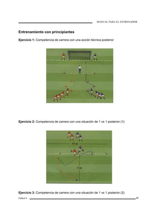 MANUAL PARA EL ENTRENADOR
Fútbol 6 51
Entrenamiento con principiantes
Ejercicio 1: Competencia de carrera con una acción técnica posterior
Ejercicio 2: Competencia de carrera con una situación de 1 vs 1 posterior (1)
Ejercicio 3: Competencia de carrera con una situación de 1 vs 1 posterior (2)
 