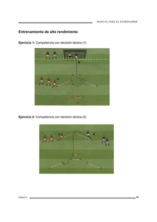 MANUAL PARA EL ENTRENADOR
Fútbol 6 54
Entrenamiento de alto rendimiento
Ejercicio 1: Competencia con decisión táctica (1)
Ejercicio 2: Competencia con decisión táctica (2)
 