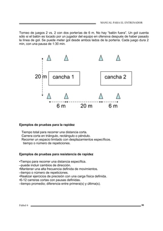 MANUAL PARA EL ENTRENADOR
Fútbol 6 56
Torneo de juegos 2 vs. 2 con dos porterías de 6 m. No hay “balón fuera”. Un gol cuenta
sólo si el balón es tocado por un jugador del equipo en ofensiva después de haber pasado
la línea de gol. Se puede meter gol desde ambos lados de la portería. Cada juego dura 2
min, con una pausa de 1:30 min.
Ejemplos de pruebas para la rapidez
Tiempo total para recorrer una distancia corta.
Carrera corta en triángulo, rectángulo o péndulo.
Recorrer un espacio limitado con desplazamientos específicos.
tiempo o número de repeticiones.
Ejemplos de pruebas para resistencia de rapidez
•Tiempo para recorrer una distancia específica.
–puede incluir cambios de dirección.
•Mantener una alta frecuencia definida de movimientos.
–tiempo o número de repeticiones.
•Realizar ejercicios de precisión con una carga física definida.
•6-12 carreras cortas con pausas definidas.
–tiempo promedio; diferencia entre primera(s) y última(s).
20 m
6 m 20 m 6 m
cancha 1 cancha 2
 