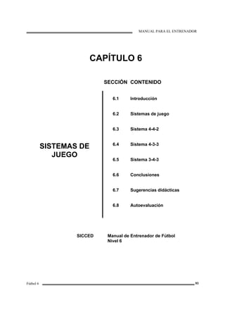 MANUAL PARA EL ENTRENADOR
Fútbol 6 93
CAPÍTULO 6
SECCIÓN CONTENIDO
SISTEMAS DE
JUEGO
6.1
6.2
6.3
6.4
6.5
6.6
6.7
6.8
Introducción
Sistemas de juego
Sistema 4-4-2
Sistema 4-3-3
Sistema 3-4-3
Conclusiones
Sugerencias didácticas
Autoevaluación
SICCED Manual de Entrenador de Fútbol
Nivel 6
 