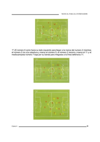 MANUAL PARA EL ENTRENADOR
Fútbol 6 96
1ª.-El número 6 corre hacia su lado izquierdo para llegar a la marca del numero 2 mientras
el número 5 ira a la cobertura y marca al número 9, el número 2 recorre y marca al 11 y el
mediocampista número 7 baja por su banda para integrase a la línea defensiva.11.
 