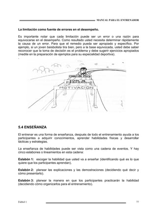 MANUAL PARA EL ENTRENADOR
Fútbol 1 77
La limitación como fuente de errores en el desempeño.
Es importante notar que cada limitación puede ser un error o una razón para
equivocarse en el desempeño. Como resultado usted necesita determinar rápidamente
la causa de un error. Para que el remedio pueda ser apropiado y específico. Por
ejemplo, si un joven beisbolista tira bien, pero a la base equivocada, usted debe saber
reconocer que la toma de decisión es el problema y debe sugerir ejercicios apropiados
(medite en la preparación de ejemplos para su especialidad deportiva).
.
5.4 ENSEÑANZA
El entrenar es una forma de enseñanza, después de todo el entrenamiento ayuda a los
participantes a adquirir conocimientos, aprender habilidades físicas y desarrollar
tácticas y estrategias.
La enseñanza de habilidades puede ser vista como una cadena de eventos. Y hay
cinco eslabones o lineamientos en esta cadena:
Eslabón 1: escoger la habilidad que usted va a enseñar (identificando qué es lo que
quiere que los participantes aprendan).
Eslabón 2: planear las explicaciones y las demostraciones (decidiendo qué decir y
cómo presentarlo).
Eslabón 3: planear la manera en que los participantes practicarán la habilidad
(decidiendo cómo organizarlos para el entrenamiento).
 