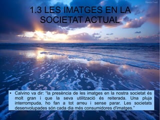 1.3 LES IMATGES EN LA 
SOCIETAT ACTUAL 
● Calvino va dir: “la presència de les imatges en la nostra societat és 
molt gran i que la seva utilització és reiterada. Una pluja 
interrompuda, ho fan a tot arreu i sense parar. Les societats 
desenvolupades són cada dia més consumidores d'imatges.” 
 
