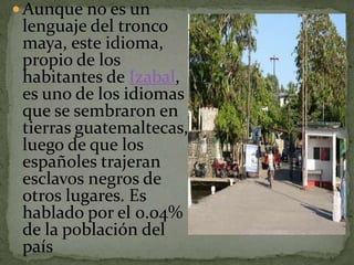 Aunque no es un lenguaje del tronco maya, este idioma, propio de los habitantes de Izabal, es uno de los idiomas que se sembraron en tierras guatemaltecas, luego de que los españoles trajeran esclavos negros de otros lugares. Es hablado por el 0.04% de la población del país