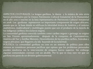 ASPECTOS CULTURALES: La lengua garífuna, la danza y la música de esta etnia 
fueron proclamados por la Unesco Patrimonio Cultural Inmaterial de la Humanidad 
en el año 2001 e inscrito en la lista representativa de Patrimonio Cultural Inmaterial 
en 2008. Los garífunas representan un importante componente de origen africano, 
puesto que es la base donde se edificara la identidad étnica de América y el carácter 
multiétnico, multicultural y multilingüe puesto que son el producto de la mezcla de 
los indígenas caribes y los esclavos negros. 
La comunidad garífuna conocida también como caribes negros o garinagu se origino 
en San Vicente aproximadamente después de la conquista de Centroamérica, 
América del Sur y Antillas Menores. Descendientes de los pueblos caribes, Arawakas y 
negros africanos que llegaron a la isla huyendo de la esclavitud. 
POLITICA: La comunidad garífuna no cree en un sistema de política pues ellos 
mismos se consideran personas pacificas que opinan que los problemas personales 
pueden resolverse sin la intervención de ninguna fuerza superior. Sin embargo 
algunas comunidades cuentan con un alcalde. Por lo que es muy raro ver que un 
garífuna sea parte de un división gubernamental. 
 