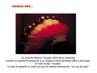 La zona de México, Yucatán viene de la conquista  cuando en español le pregunto a un indígena como llamaban ellos a ese lugar.  El indio le dijo: Yucatán.  Lo que el español no sabia era que le estaba contestando: "no soy de aquí"  
