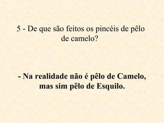 5 - De que são feitos os pincéis de pêlo de camelo?   - Na realidade não é pêlo de Camelo, mas sim pêlo de Esquilo. 