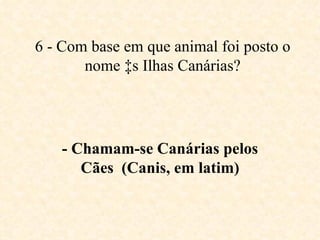 - Chamam-se Canárias pelos Cães  (Canis, em latim) 6 - Com base em que animal foi posto o nome às Ilhas Canárias? 
