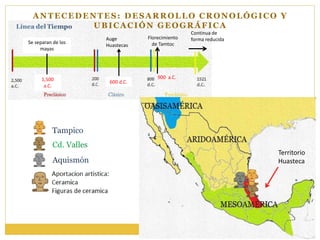 Auge
Huastecas
Se separan de los
mayas
Florecimiento
de Tamtoc
Continua de
forma reducida
900 a.C.1,500
a.C.
600 d.C.
ANTECEDENTES: DESARROLLO CRONOLÓGICO Y
UBICACIÓN GEOGRÁFICA
Territorio
Huasteca
 