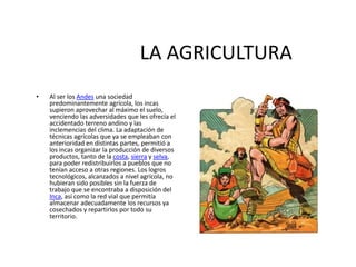 LA AGRICULTURA
• Al ser los Andes una sociedad
predominantemente agrícola, los incas
supieron aprovechar al máximo el suelo,
venciendo las adversidades que les ofrecía el
accidentado terreno andino y las
inclemencias del clima. La adaptación de
técnicas agrícolas que ya se empleaban con
anterioridad en distintas partes, permitió a
los incas organizar la producción de diversos
productos, tanto de la costa, sierra y selva,
para poder redistribuirlos a pueblos que no
tenían acceso a otras regiones. Los logros
tecnológicos, alcanzados a nivel agrícola, no
hubieran sido posibles sin la fuerza de
trabajo que se encontraba a disposición del
Inca, así como la red vial que permitía
almacenar adecuadamente los recursos ya
cosechados y repartirlos por todo su
territorio.
 