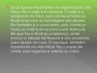  Duas figuras importantes na organização das
tribos são o pajé e o cacique. O pajé é o
sacerdote da tribo, pois conhece todos os
rituais e recebe as mensagens dos deuses.
Ele também é o curandeiro, pois conhece
todos os chás e ervas para curar doenças.
Ele que faz o ritual da pajelança, onde
evoca os deuses da floresta e dos ancestrais
para ajudar na cura. O cacique, também
importante na vida tribal, faz o papel de
chefe, pois organiza e orienta os índios.
 
