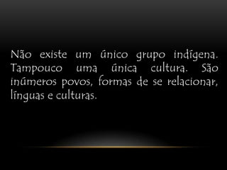 Não existe um único grupo indígena. Tampouco uma única cultura. São inúmeros povos, formas de se relacionar, línguas e culturas.