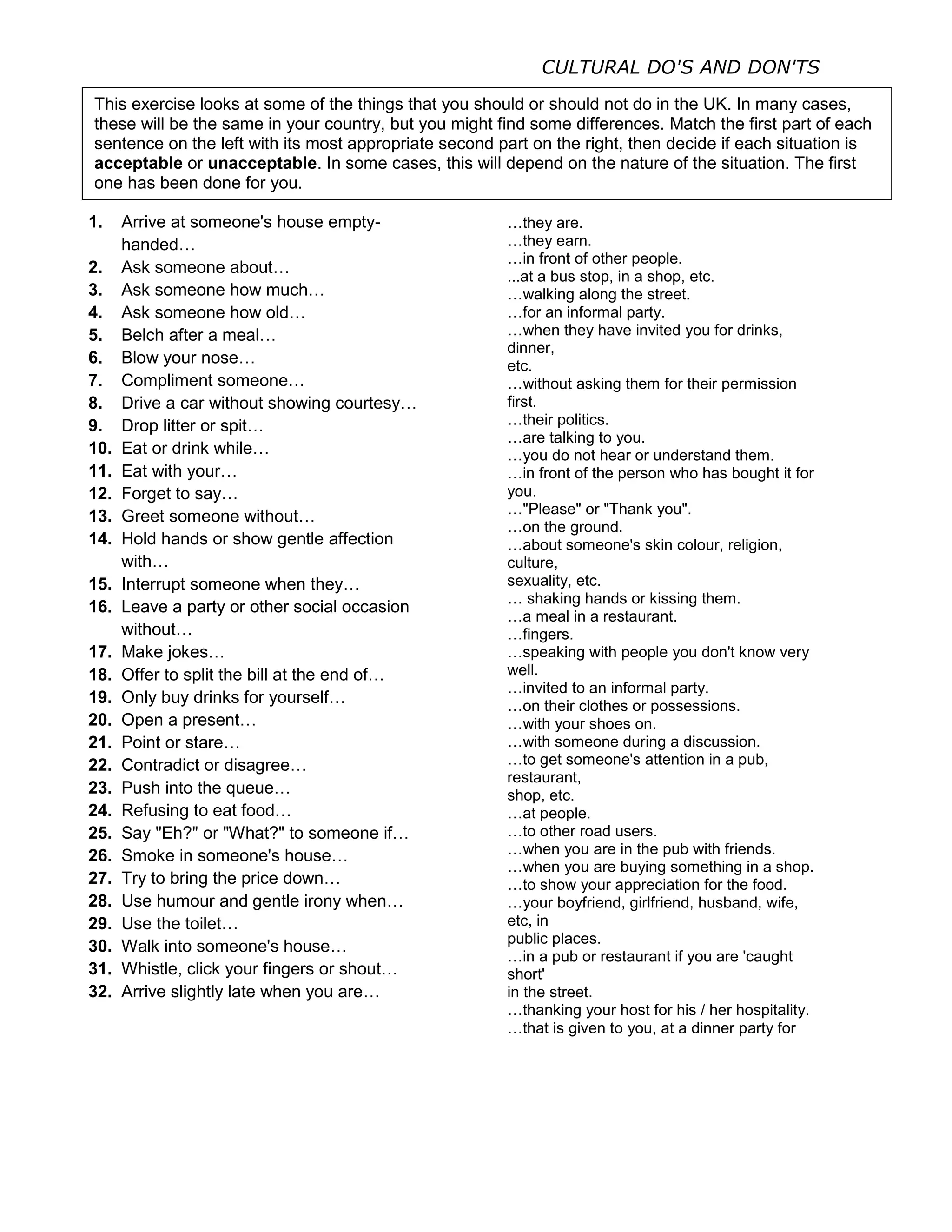 Cultura inglesa do's and don'ts ejercicio 1 PDF