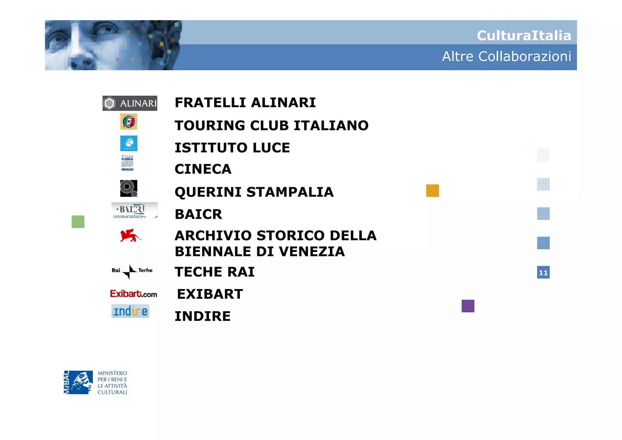 CulturaItalia
                         Altre Collaborazioni


FRATELLI ALINARI
TOURING CLUB ITALIANO
ISTITUTO LUCE
CINECA
QUERINI STAMPALIA
BAICR
ARCHIVIO STORICO DELLA
BIENNALE DI VENEZIA
TECHE RAI                              11


EXIBART
INDIRE
 