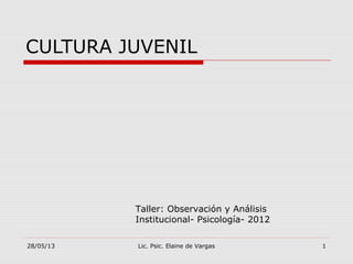 CULTURA JUVENIL
Taller: Observación y Análisis
Institucional- Psicología- 2012
28/05/13 Lic. Psic. Elaine de Vargas 1
 