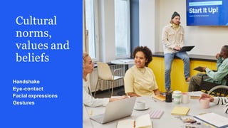 Cultural
norms,
values and
beliefs
Handshake
Eye-contact
Facial expressions
Gestures
 