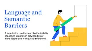 Language and
Semantic
Barriers
A term that is used to describe the inability
of passing information between two or
more people due to linguistic differences.
 